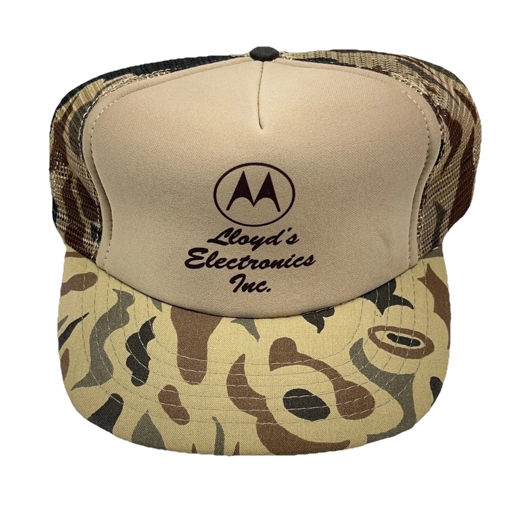 Vintage Camo Trucker Hat Cap Snap Back Brown Mesh Hunting Motorola Radio 80s 90